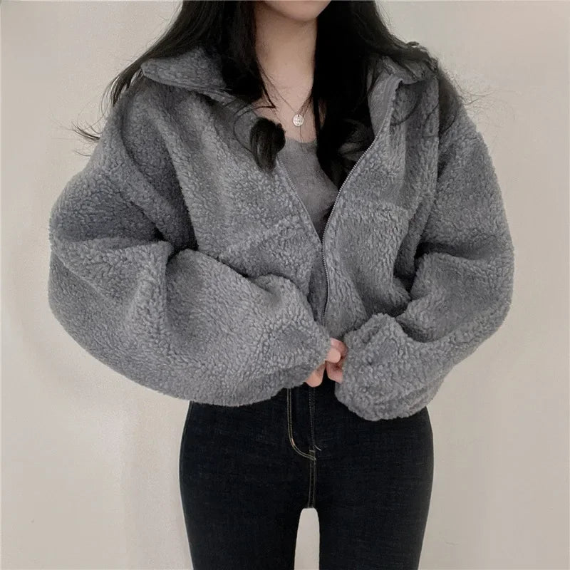 Women's Winter Autumn Fleece-lined Thickened Stand Collar Short Sweatshirt Loose-fit Idle Style Cardigan Zip-up Jacket