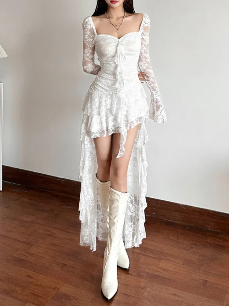 AltGoth Mall Goth Fairycore Dress Women Vintage Aesthetic Elegant Sweet Sexy See Through Irregular Hem High Waist Corset Dress