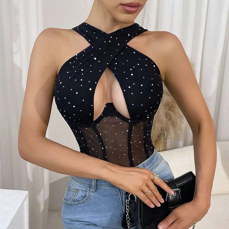 Sexy Black Cut Out Cross Wide Strap Bodysuit Women Lace Patchwork Body Suit Tops
