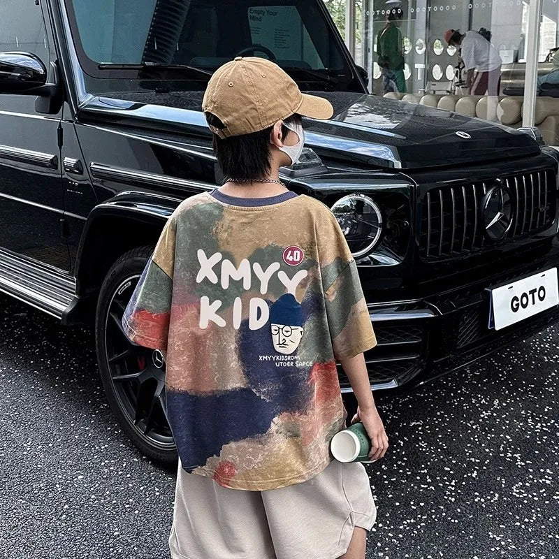All Over Graffiti Print T-shirts for Boy Korean Children's Clothes 2025 Summer Casual Crew Neck Short Sleeve Top Streetwear Tees