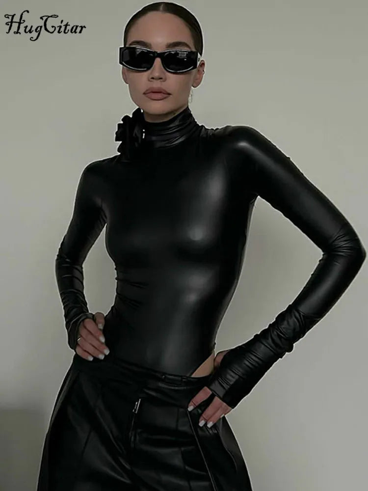 Hugcitar Fashion Pu Leather Black Turtleneck Tie Flower Long Sleeve Buttons Sexy Bodycon Bodysuit Women Party Overalls Romper