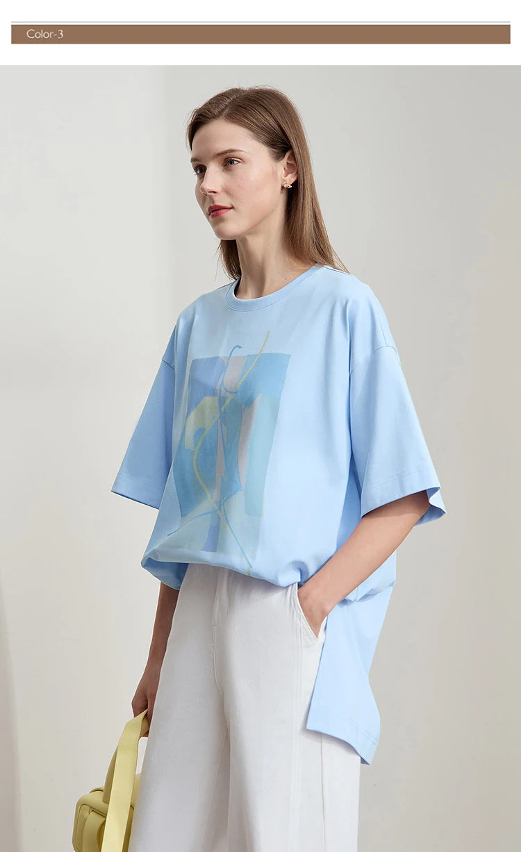 Amii Minimalist Summer T-shirt Women Irregular Design Tops Casual O-neck Abstract Print Loose Dropped Shoulder T-shirt 12522081
