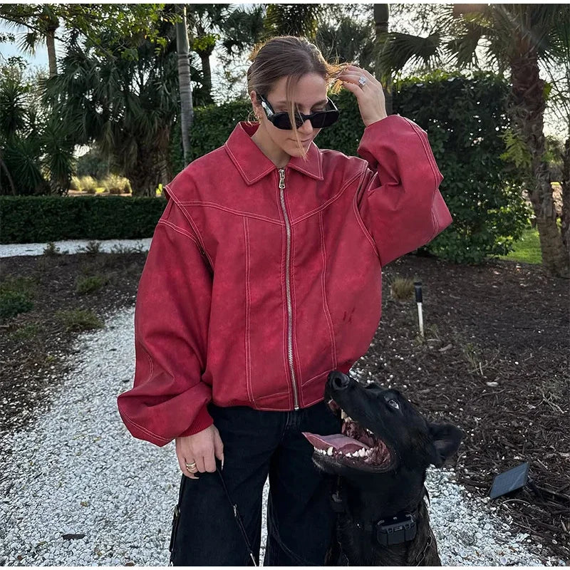Women's Artificial Leather Short Jacket Retro Red Linen Coat Spliced Zipper Jacket Autumn Women's Lapel Pocket Street Sportswear