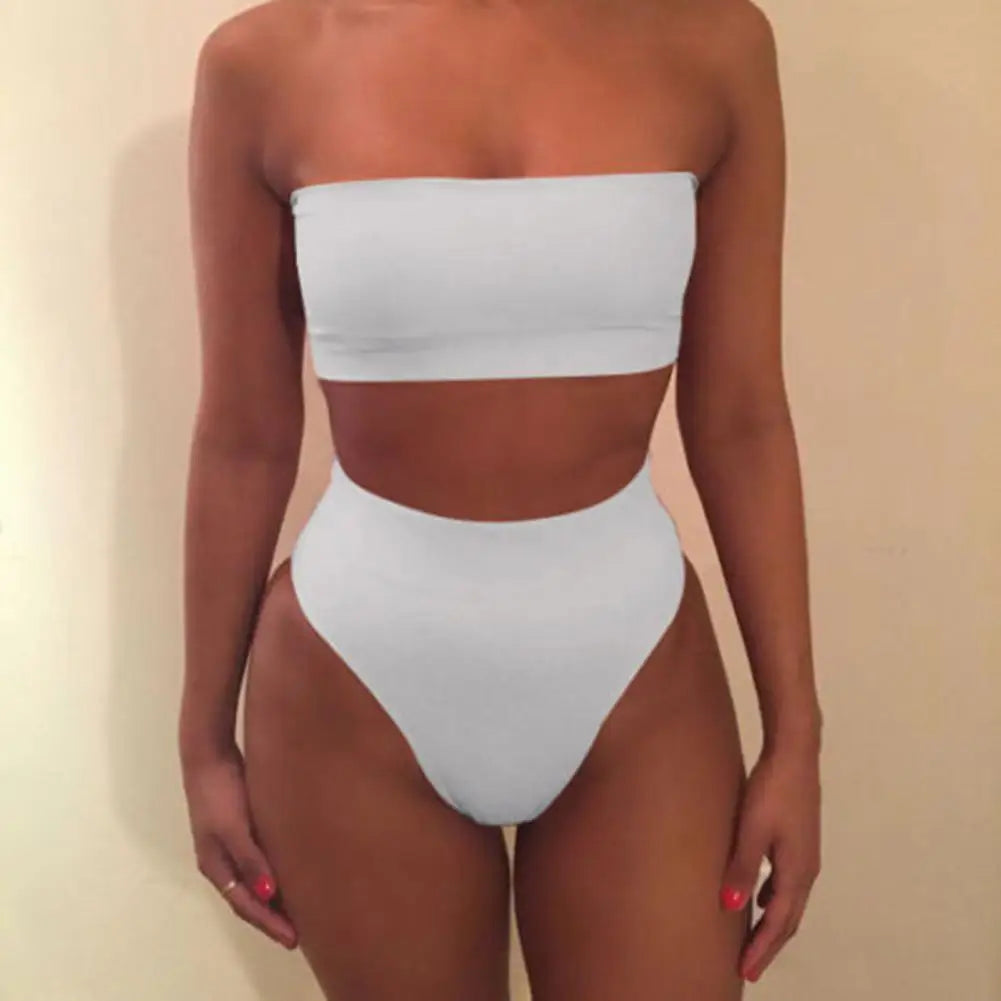 2 Pcs/Set Bikini Set Solid Color Elastic High Waist Strapless Female Bathing Suit Beachwear Summer Lady Swimsuit for Swimming