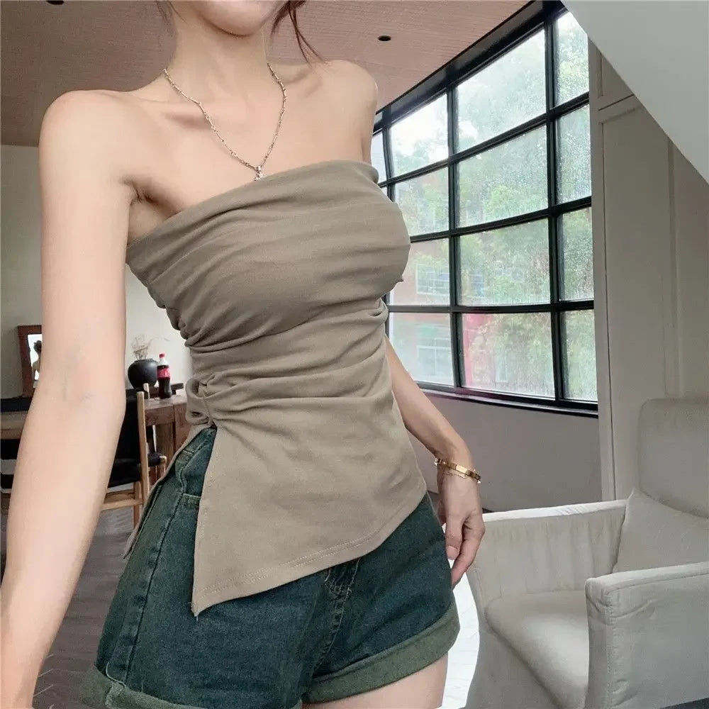 Sexy Open-Back Strapless Sleeveless T-Shirt Women's Spring Autumn Slimming Grey Top Cropped Outer Wear Base Wrap Chest