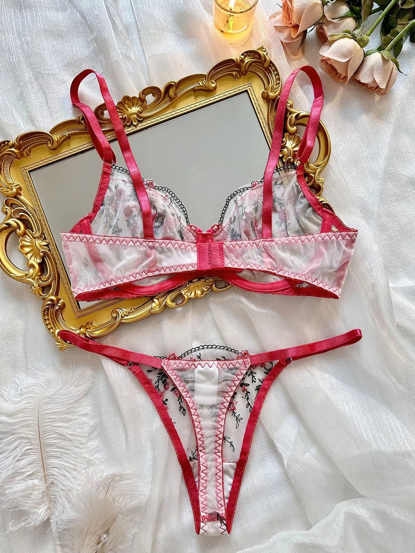 Sexy Women Lingeries Embroidery Floral Underwear Transparent Lace Short Low-waist Kits Sweet Delicate Fairy Bra Bra & Brief Sets