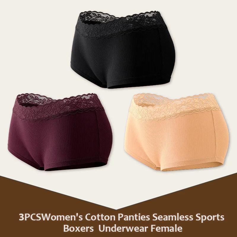 3Pcs Women's Cotton Lace Panties Boxers Seamless Boxer Underwear Female Solid Color Briefs Cozy Lingerie Intimate Underpant S-XL