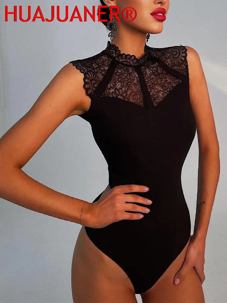 Women Sexy Black Lace Bodysuits Rompers Sleeveless Slinky New Fashion Bodycon Wrap Bodysuit