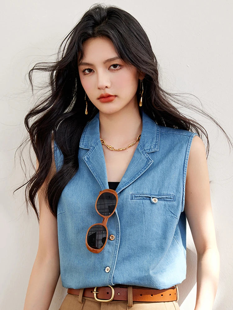 Vintage Sleeveless Tank Top Women Fashion Turn-down Collar Casual Vest Shirts Spring Summer Casual Denim Shirt