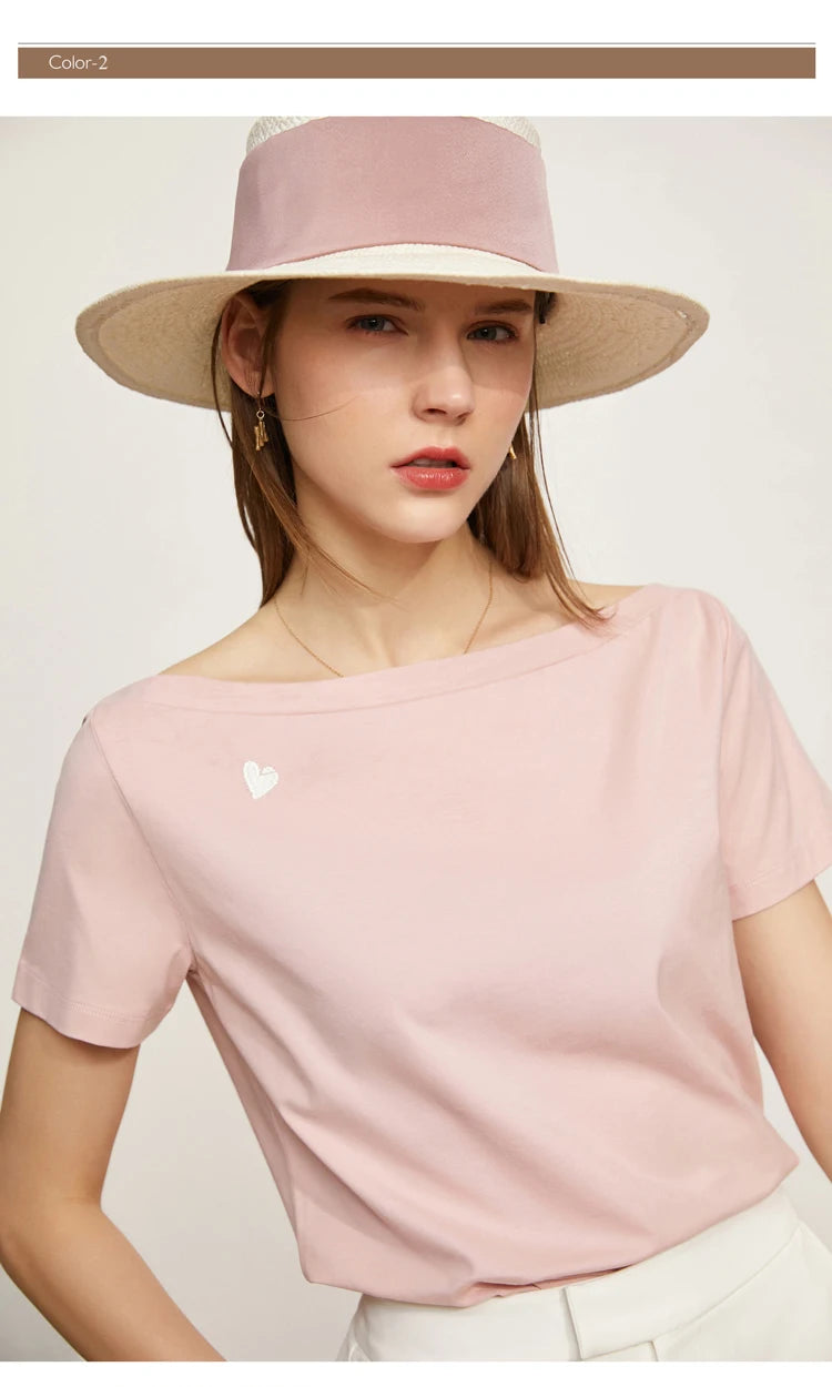 AMII Minimalism T-shirt Women 2023 Spring New Petite Niche Design All-match Office Lady Slash Neck Loose Embroidery Top 12342274