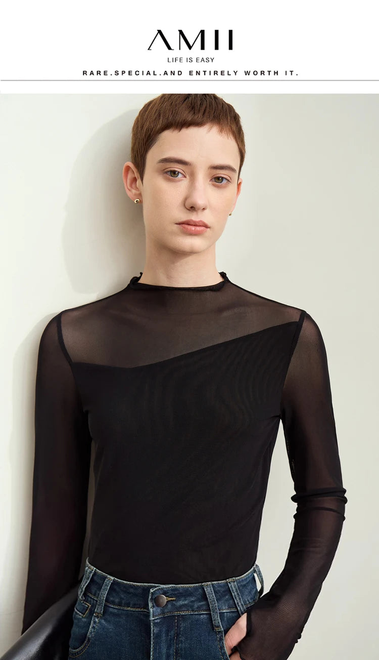 Amii Minimalism Mesh T-shirts For Women 2025 Spring New Office Lady Half-high Neck Micro Perspective Slim Retro Shirt 12423055