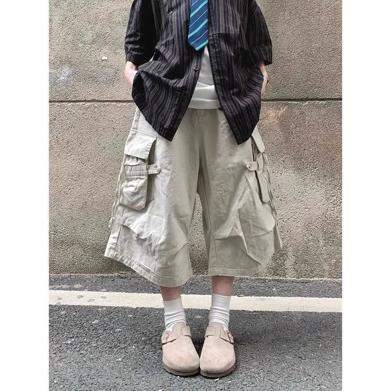 Vintage Brown Cargo Shorts Women Oversized Y2k Grunge Cropped Pants Wide Leg Hip Hop Style Streetwear Baggy Pockets Short Pant