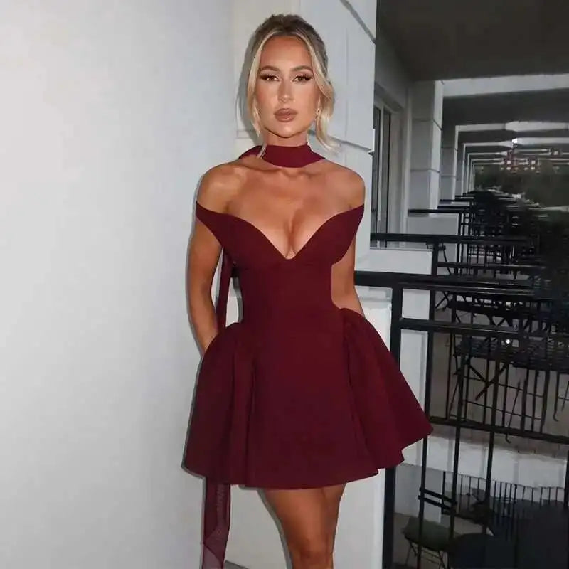Avrilyaan Deep V Off Shoulder Backless Sexy A-line Dress Women Elegant Party Dress Slash Neck Bodycon Mini Summer Dress Vestidos