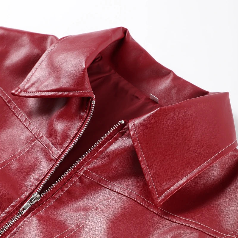 Fashion Green PU Leather Jacket Women Laple Zipper Loose Full Sleeve Single Breasted Cropped Coat 2024 New Lady Solid Streetwear