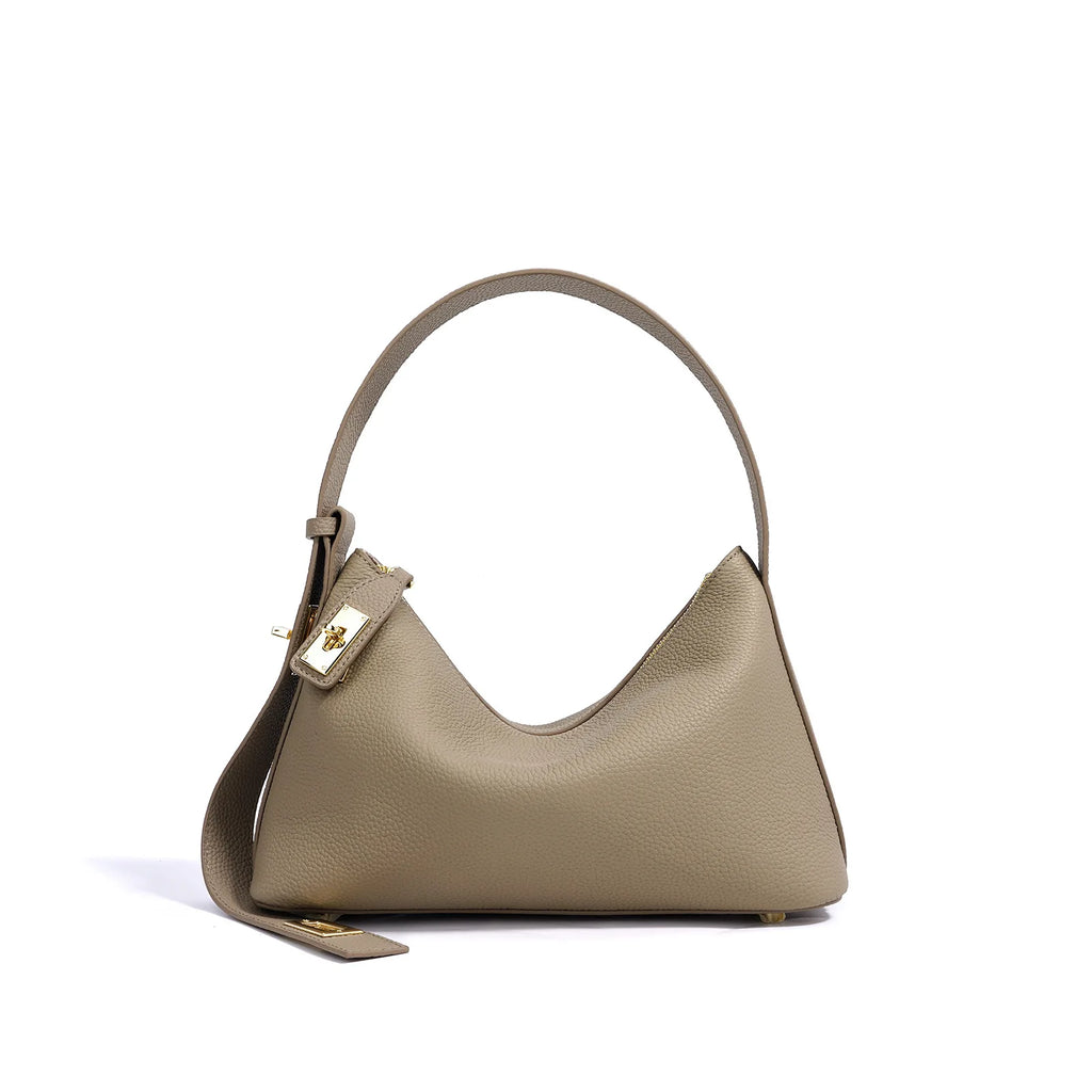 Women's Plain Color Genuine Leather Handbag Fashionable All-match Casual Versatile Trendy Single Shoulder Bag with Lock Design