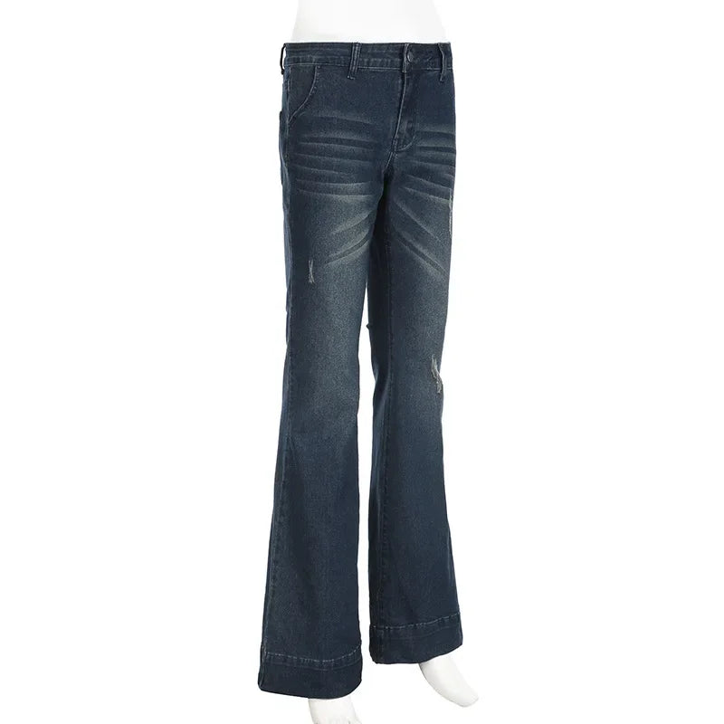 American Retro Low Waist Bell Bottom Jeans Women Summer Fashionable Versatile Casual Long Pants Washed Effect Classic Style