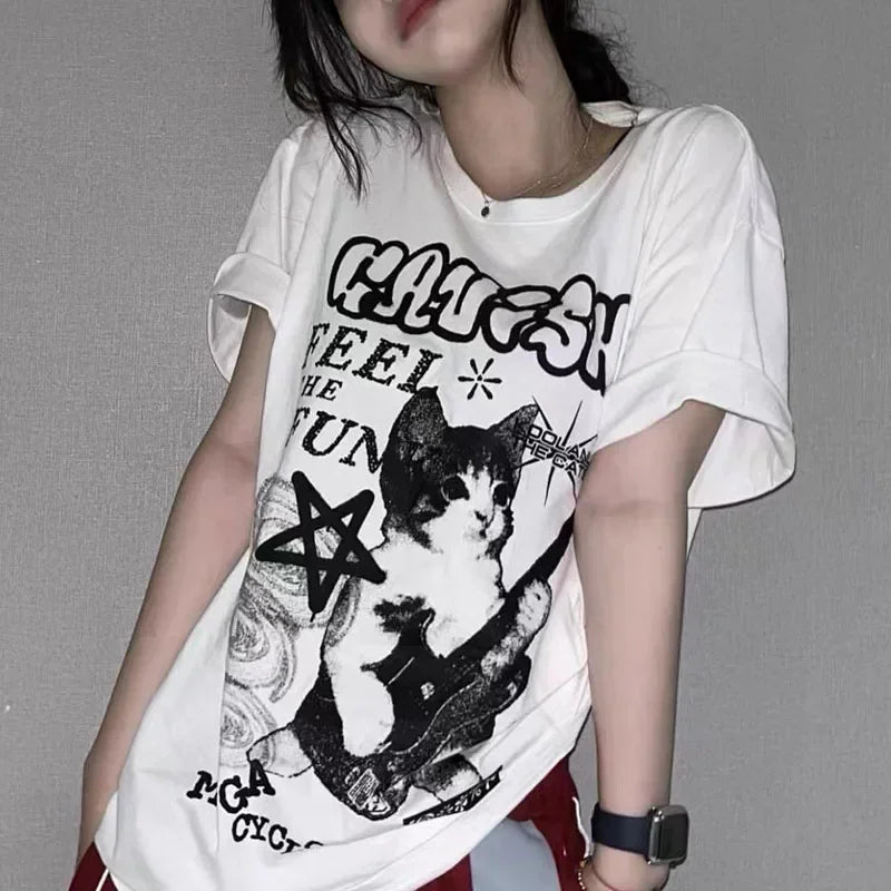American Cat Rock Guitar Graphic Short Sleeve T-Shirt Loose Korean Fashion Oversized Women's Summer Clothes Y2k Streetwear