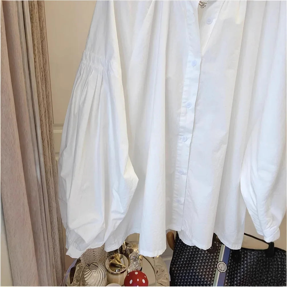 Korean Chic Stand Collar Lantern Sleeve Shirt Casual Loose Design Lazy Shirt Folded Women's Button up Cotton Blend Shirt