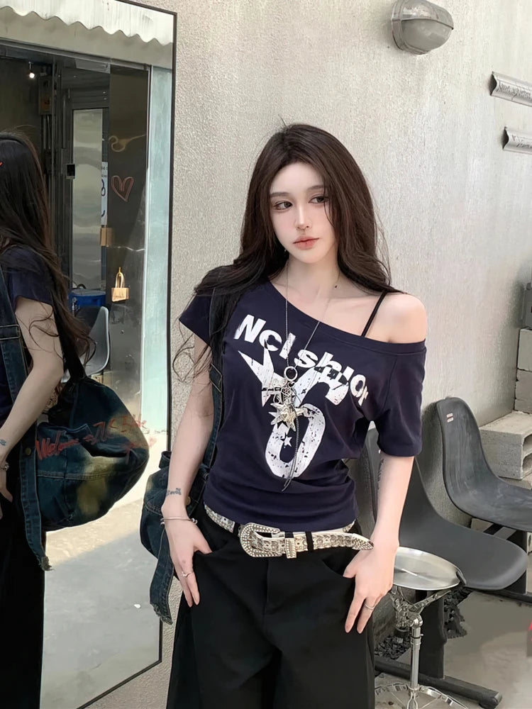 Y2k Sport Summer Off shoulder Top Women Sexy Vintage 2000s Short sleeve T shirt  Lady Body Basic Crop Top Female Casual