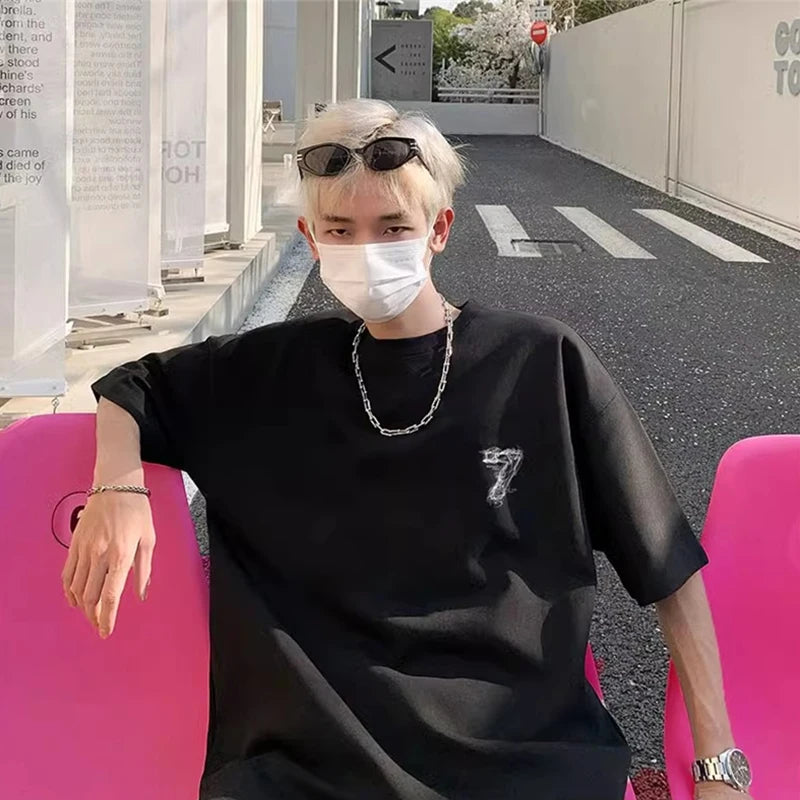 2025 Summer Goth Seven Printed Short Sleeve Tshirt Men's Hip Hop Fashion Cotton Oversized T-shirts High Street Y2K Tee Tops
