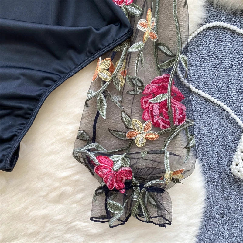 Women's Black Gothic Vintage Jumpsuits Y2k Harajuku Embroidery Overalls Korean Aesthetic 2000s Exotic Sexy Mesh Rompers Clothes