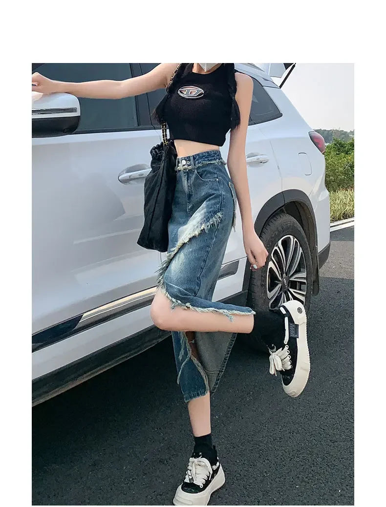 Fashionable Denim Skirt For Women High-waisted A- line Hip Covering Long Dress Casual Style Perfect For Summer 2024