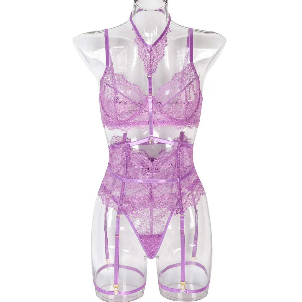 Diccvicc Beautiful Lingerie Eyelash Elegant Transparent Lace Bra Panty Set Floral Embroidery Women Sexy Underwear Exotic Outfit