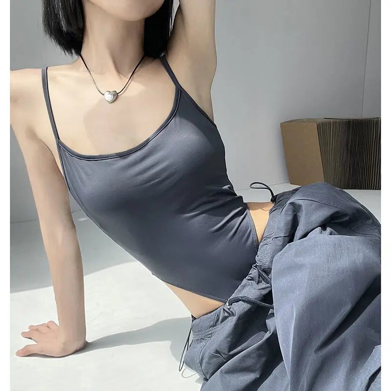 Solid Backless Camis Women Summer with Chest Pad Hollow Out Crotchless Top Sexy American Style Hotsweet Streetwear Slim Thin