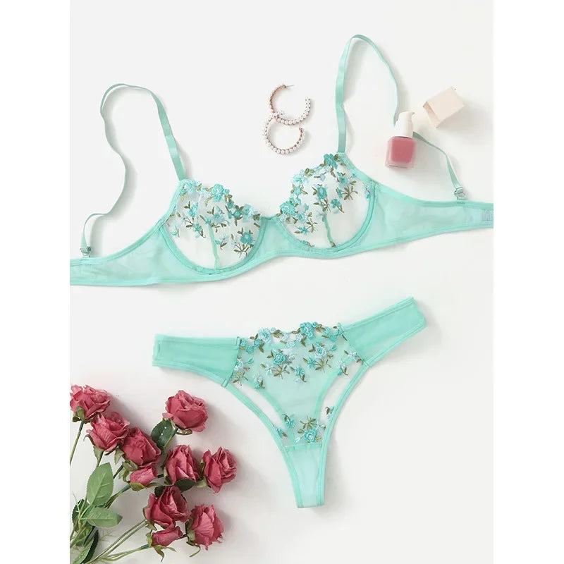 Transperant Lingerie Set Women Mesh Net Sexi Lenceria Sensual Mujer Bra Sets Embroidery Floral Underwired