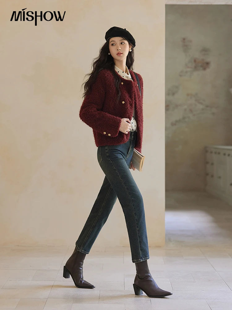 MISHOW Wave Point Long Sleeve Brushed Blouse Rabbit Ear Collar 2024 Winter Women Clothes Temperament Thickened Shirts MXD56X1697