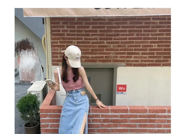 Mid-Length Denim Mini Skirt for Women High Waist Slimming Split Knee-Length Summer Trendy Cotton Half Body Skirts