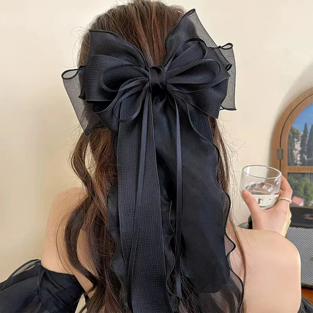 1Pcs Lace Hair Bow Clip Coquette Bow Barrettes with Long Tail Ribbon for Women Christmas Valentines Wedding Prom Accessories