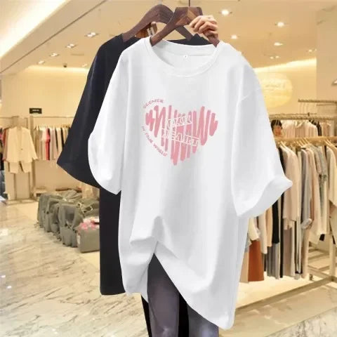 Pink Women's T-shirt Short Sleeve Medium-length Loose-fit Printing Heart Design European Style Casual Wear