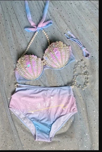 Mermaid Swimsuit Women Bikini Handmade Sequins Shell Bikini Sets Freediving Show Swimwear Tassel Beading Chest Pad Cos Bar Bra