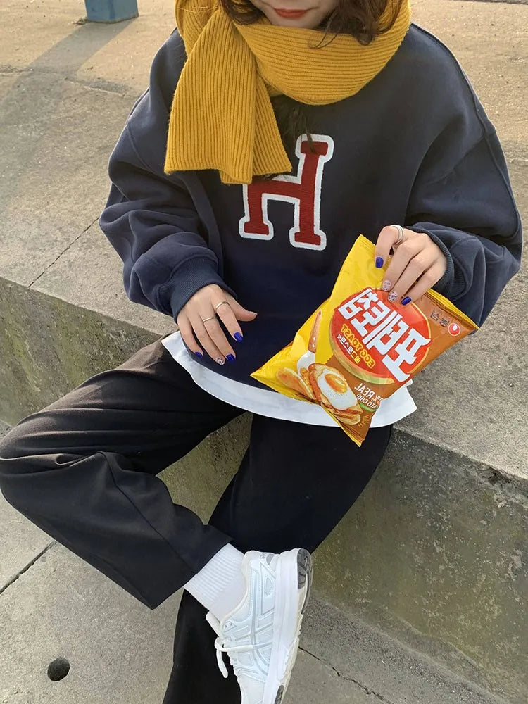 Ariti Spring Autumn American Retro round Ne Sweatirt Women's Oversize Lazy Top Long Sve Street Sle Comfortable Fit