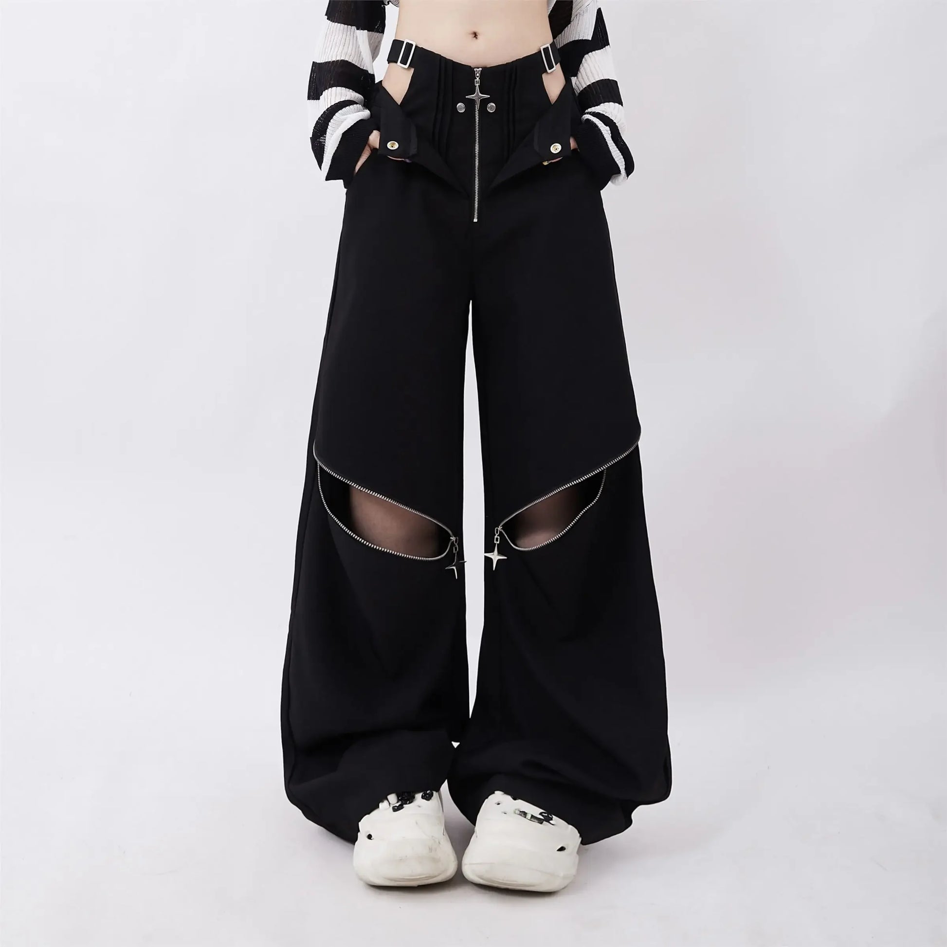 Hollow Out Zipper Design Pants Black Cargo Sweatpants Women Y2k Fashion Baggy High Waist Wide Leg Sport Pants Causal Trousers