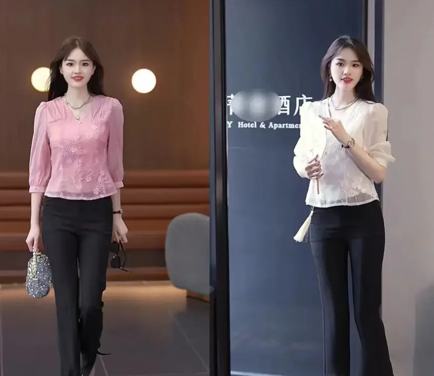 Spring and Summer 7-quarter Sleeve Embroidered V-neck New Shirt 2025 Slim and Slim and Fashionable Versatile Top