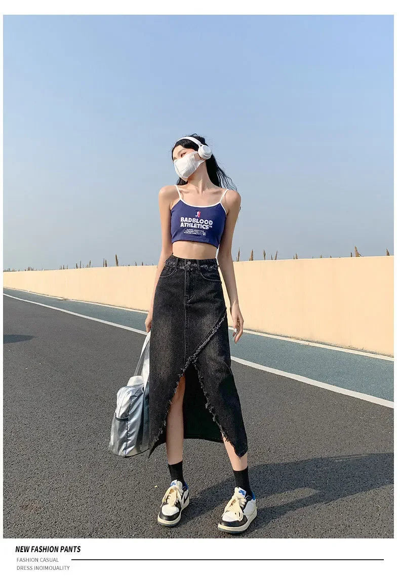 Fashionable Denim Skirt For Women High-waisted A- line Hip Covering Long Dress Casual Style Perfect For Summer 2024
