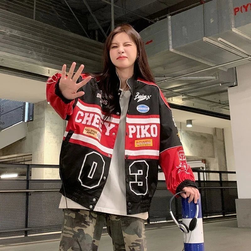 2023 Y2k Red White Bomber F1 Jacket Women Men Biker Racer Jacket Retro Hip Hop Grunge Clothes Trend Oversize Windbreaker Varsity