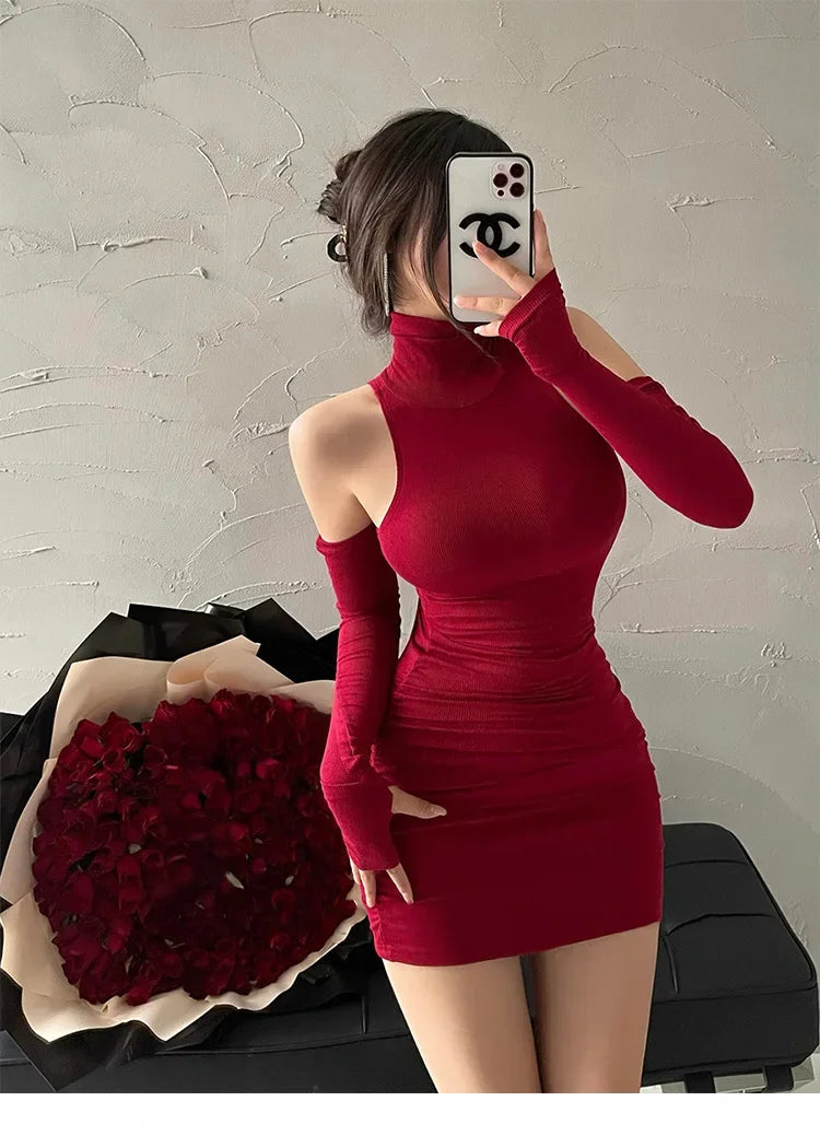 Spring Sexy High Collar Dress Spicy Sweet Tight Pure Desire Style Halter Wrap Hip Dress Women