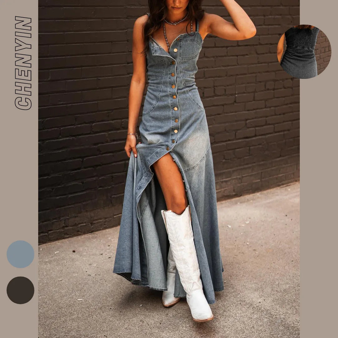 Europe and The United States Retro Wash Do Old Denim Halter Slim Single-breasted Big Swing Dress for Women's Summer Vestidos