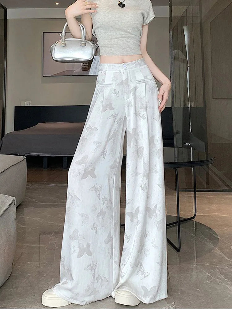 Zoki Bufferfly Print Satin Wide Leg Pant Women Loose Elegant Fashion High Waist Korean Trousers Casual Sweet High Quality Pants