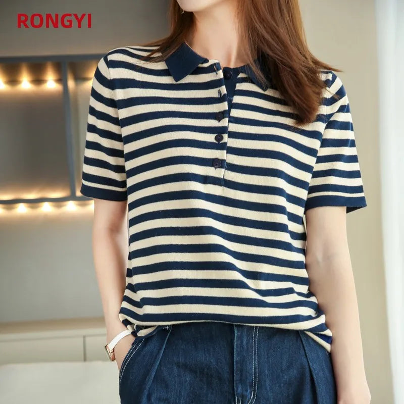 RONGYI 100% Cotton Women's Spring And Summer New Polo Neck Knitted Pullover With Stripes And Thin Short Sleeve T-Shirt Loose Top