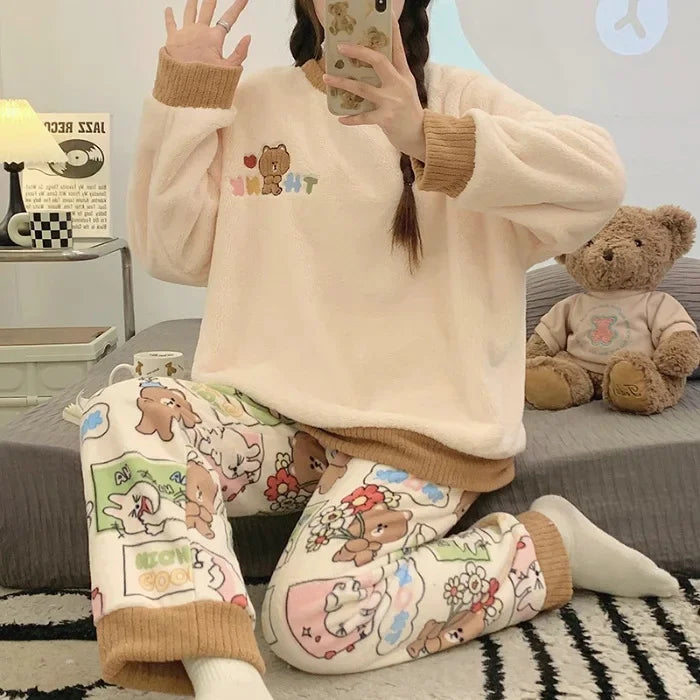Transborder Flannel Pyjamas Women's Autumn Winter Round Neck Long Sleeve Cute Japanese Cartoon Student Warm Home Clothes Set