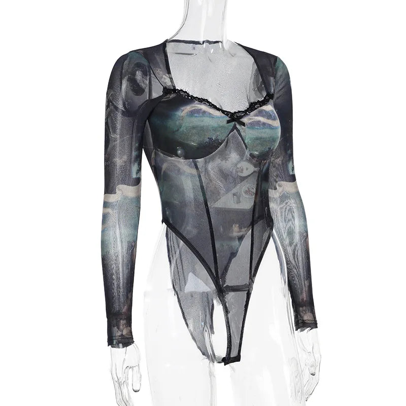 Goth Dark 90s Retro Print Mesh Long Sleeve Skinny Bodysuits Cyber Y2K Sheer Tops Women Gothic Lace Patchwork Bodysuit Streetwear