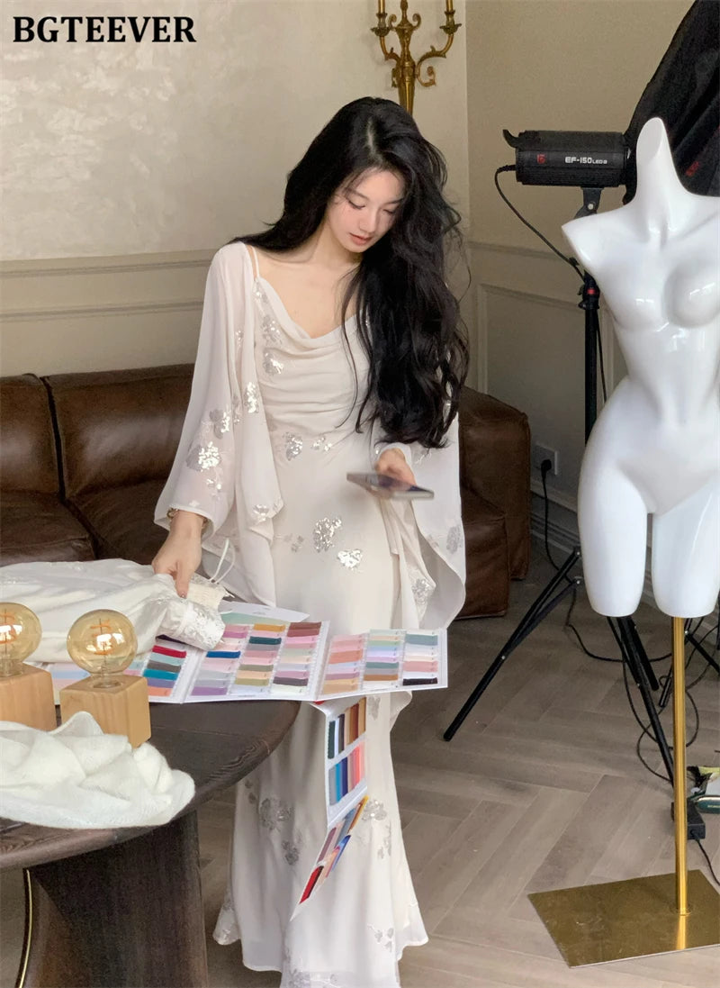 BGTEEVER Autumn Winte Slim OL Embroidery Set Long Sleeve Cardigans & Spaghetti Strap Package Hip Dress Ladies 2 Pieces Set