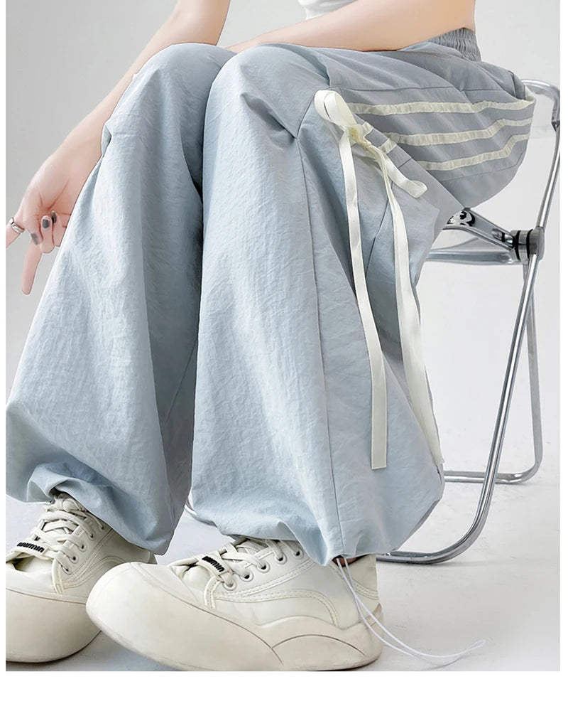 Zoki Dopamine Women Summer Pants Fashion Striped Bow Loose Multicolor Cargo Pants Casual Bf Ladies Trousers New