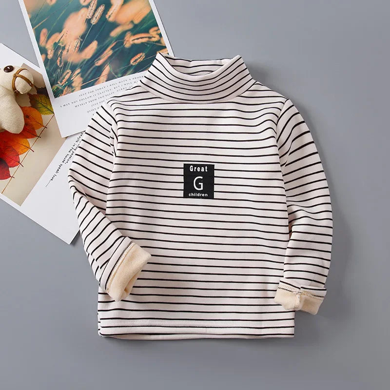 Children's Autumn Winter Fleece-Lined Sweatshirt Casual Style Middle Neck Base Layer Top Outer Wear Boys Girls Home Clothes