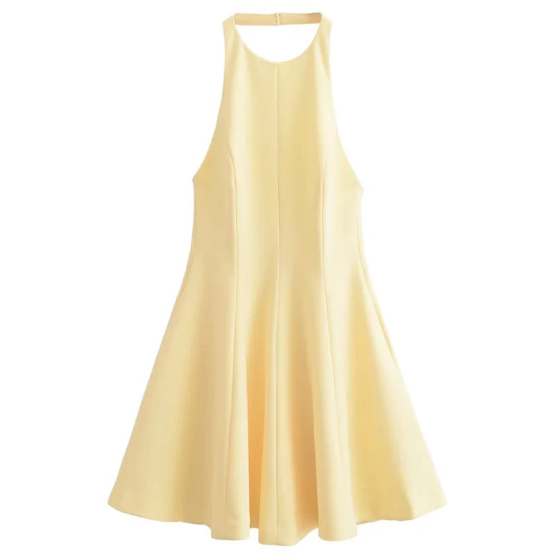 TRAF Halter Short Dress Womens Dresses Red Yellow Dress Woman Summer 2025 Ruffled Backless Sleeveless Vestidos Elegant Dress 066