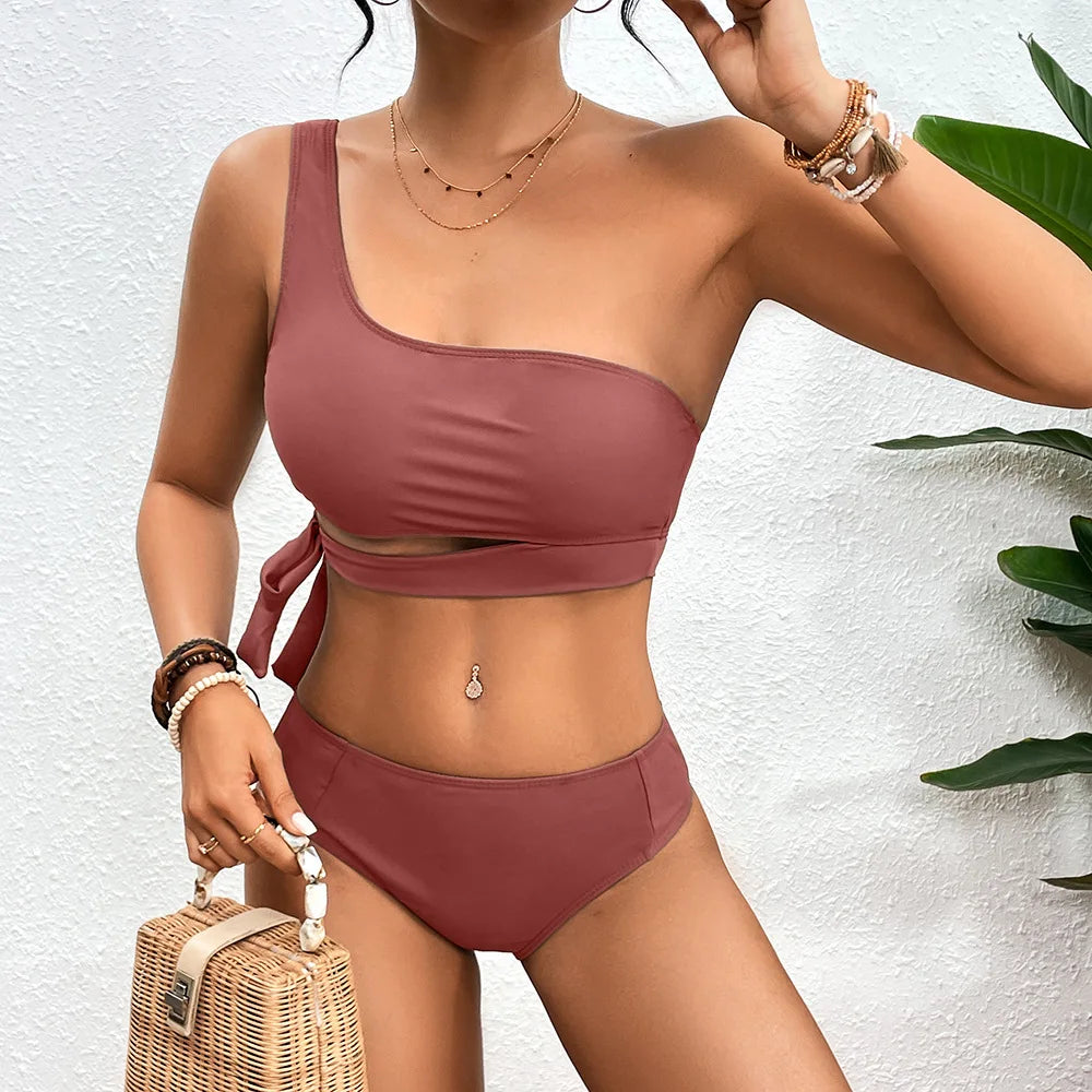 VigoCasey Sexy 2025 One-shoulder Solid Swimwear Women Hollow Push Up Bikini High Cut Lady Swimsuit Brazilian Beach Bathing Suit
